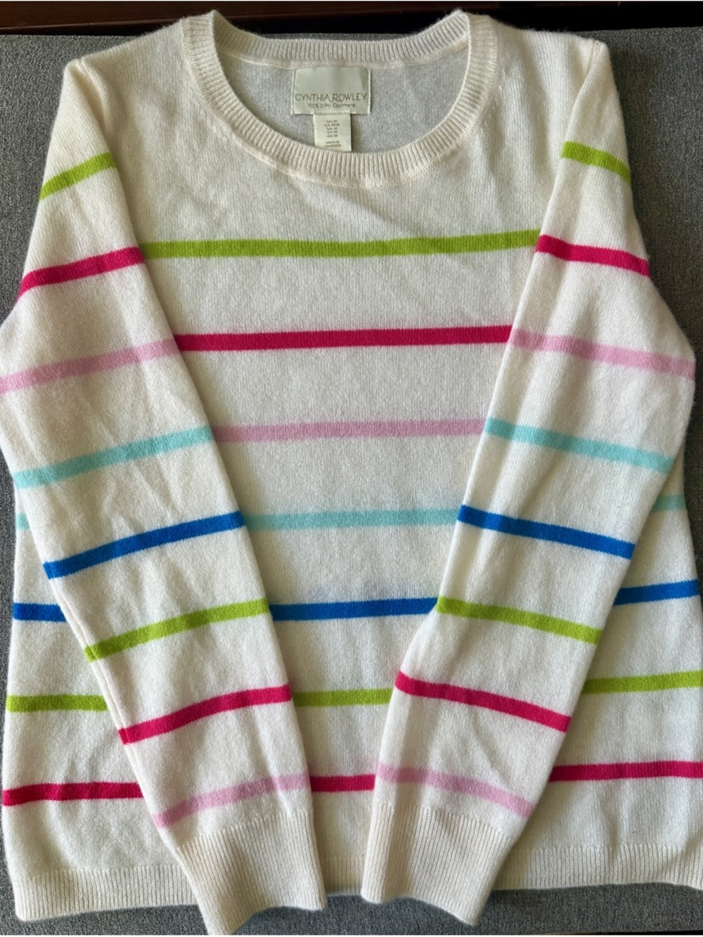 100% Cashmere Cynthia Rowley White Crewneck Sweater with Multi-Color Stripes - Picture 6 of 7